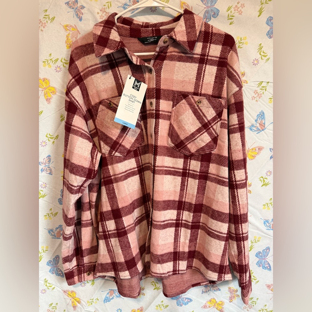 Member’s Mark Ladies Cozy Up Pink Crimson Plaid Shacket | Size Large | NWT